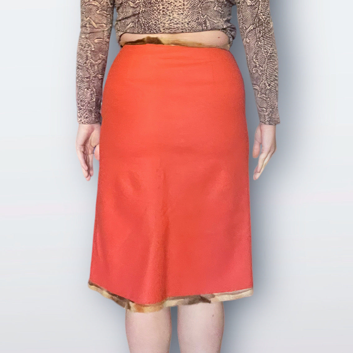 1990s Fendi Orange Felted Wool Skirt with Fur Trim (M)