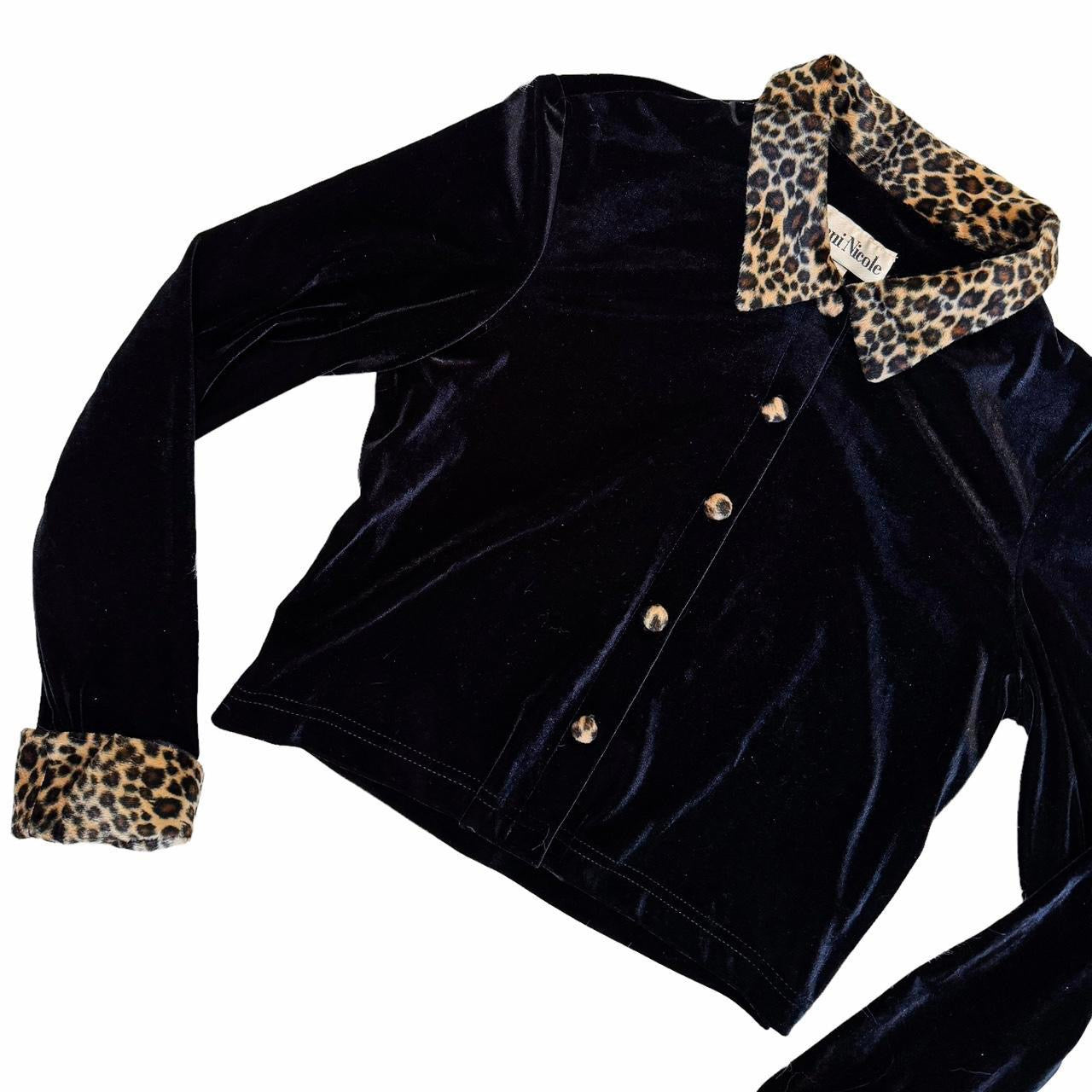 90s Leopard Trim Velvet Cardigan (L)
