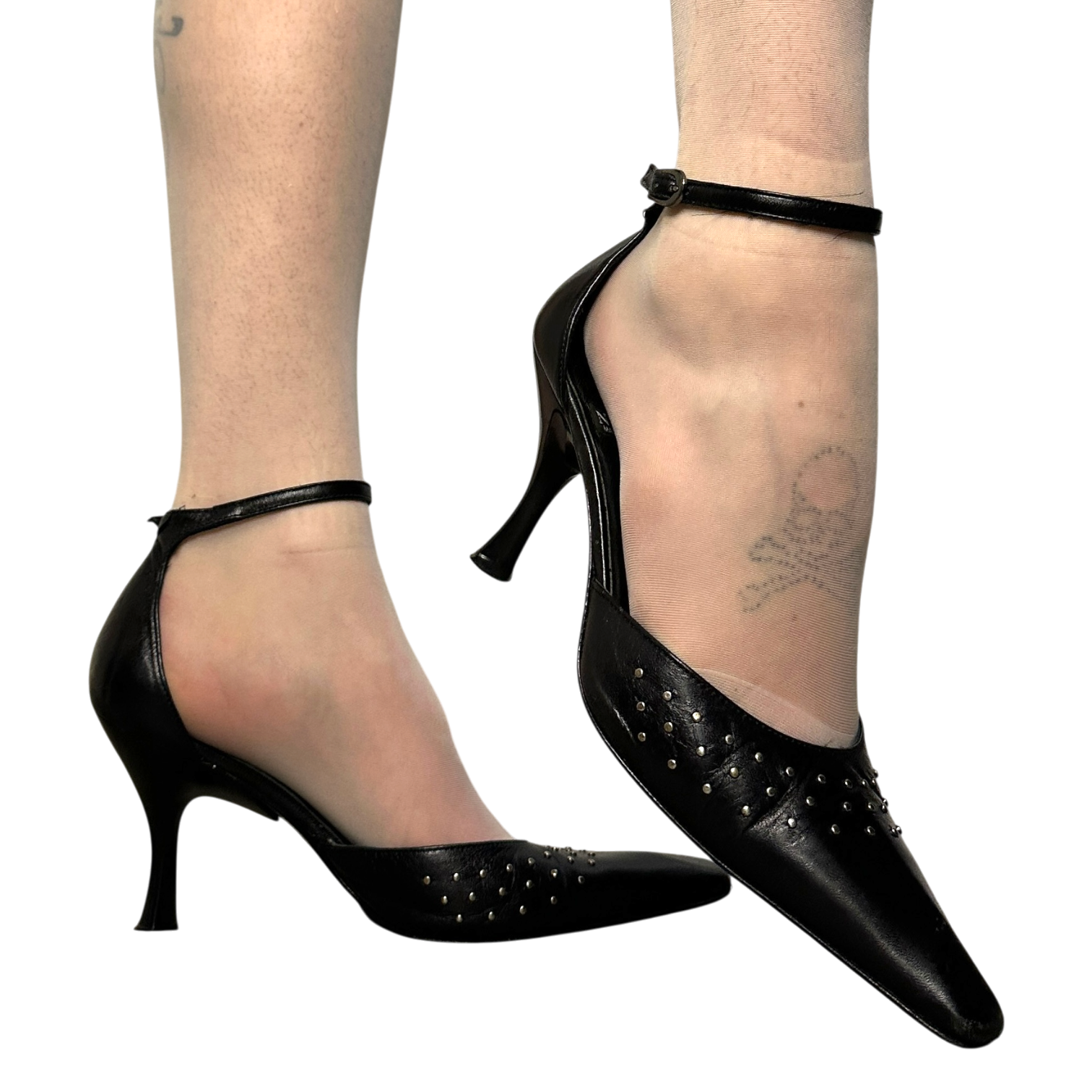 Vintage Black Leather Studded Pointed Toe Kitten Heels (US 7)