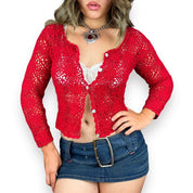 2000s Cherry Red Crochet Cardigan (M)