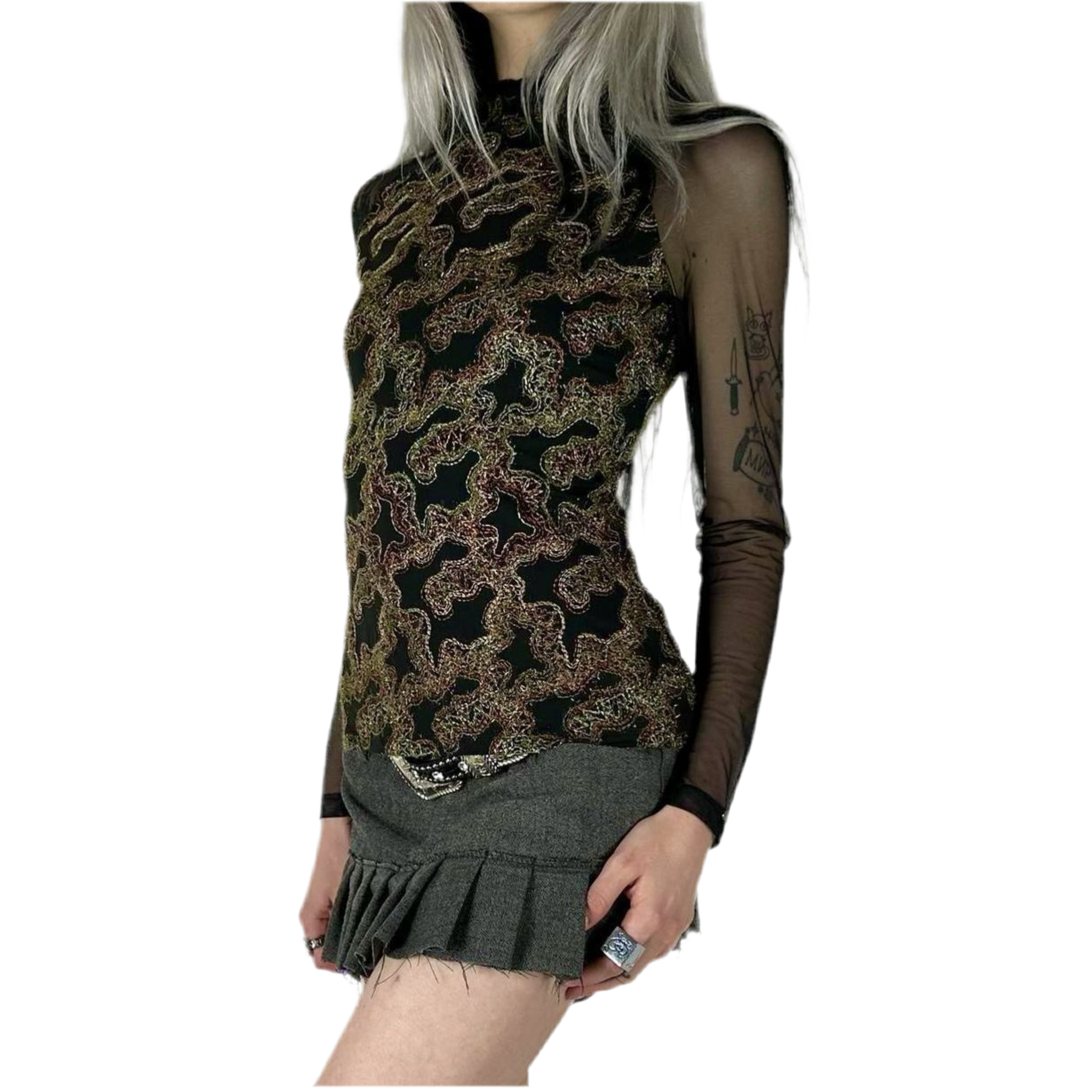 French Vintage Embroidered Mesh Top (S)