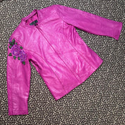 Embellished Flower Detail Magenta Leather Jacket (S/M)