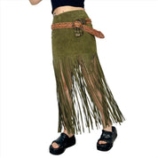 Olive Genuine Suede Fringe Maxi Skirt (S)