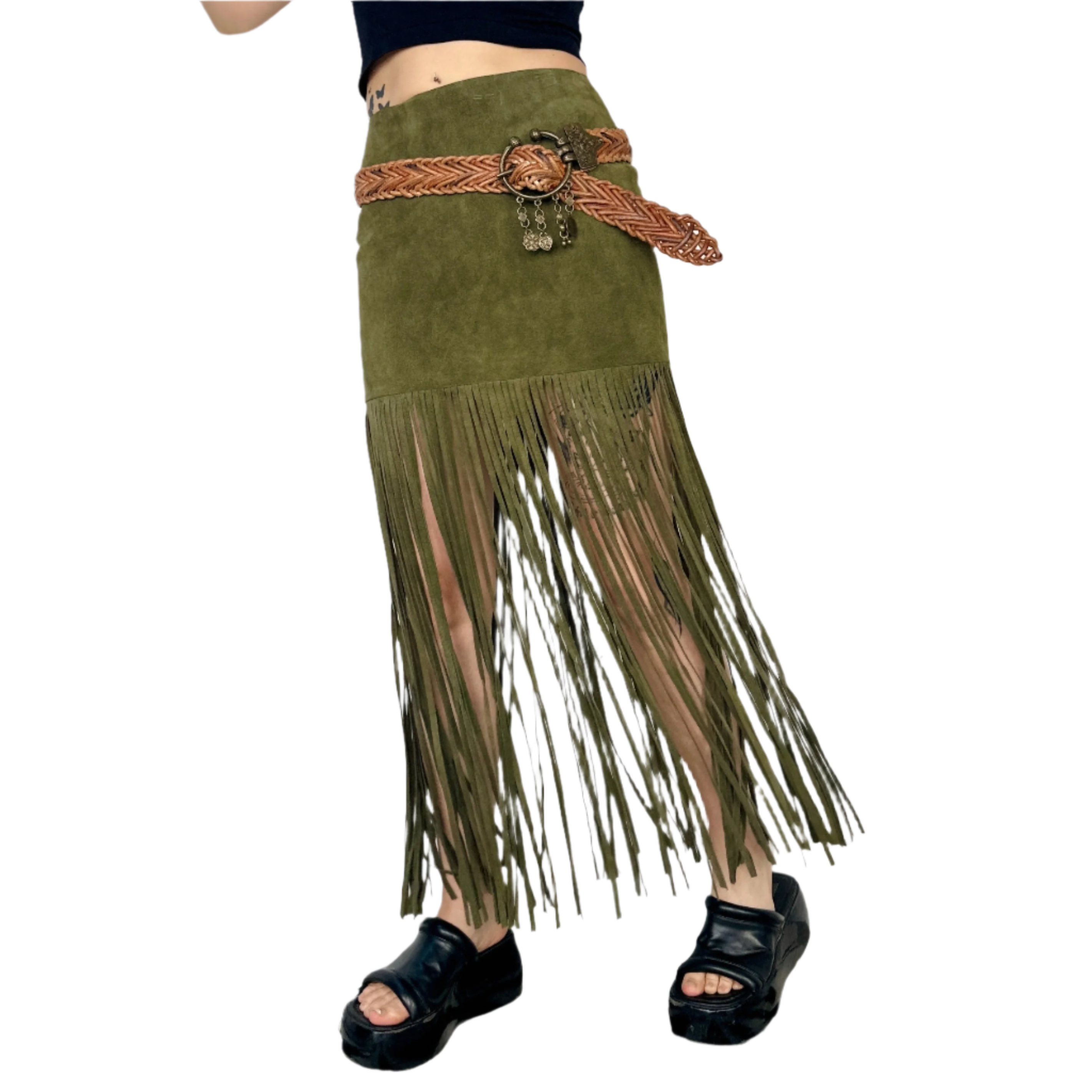 Olive Genuine Suede Fringe Maxi Skirt (S)