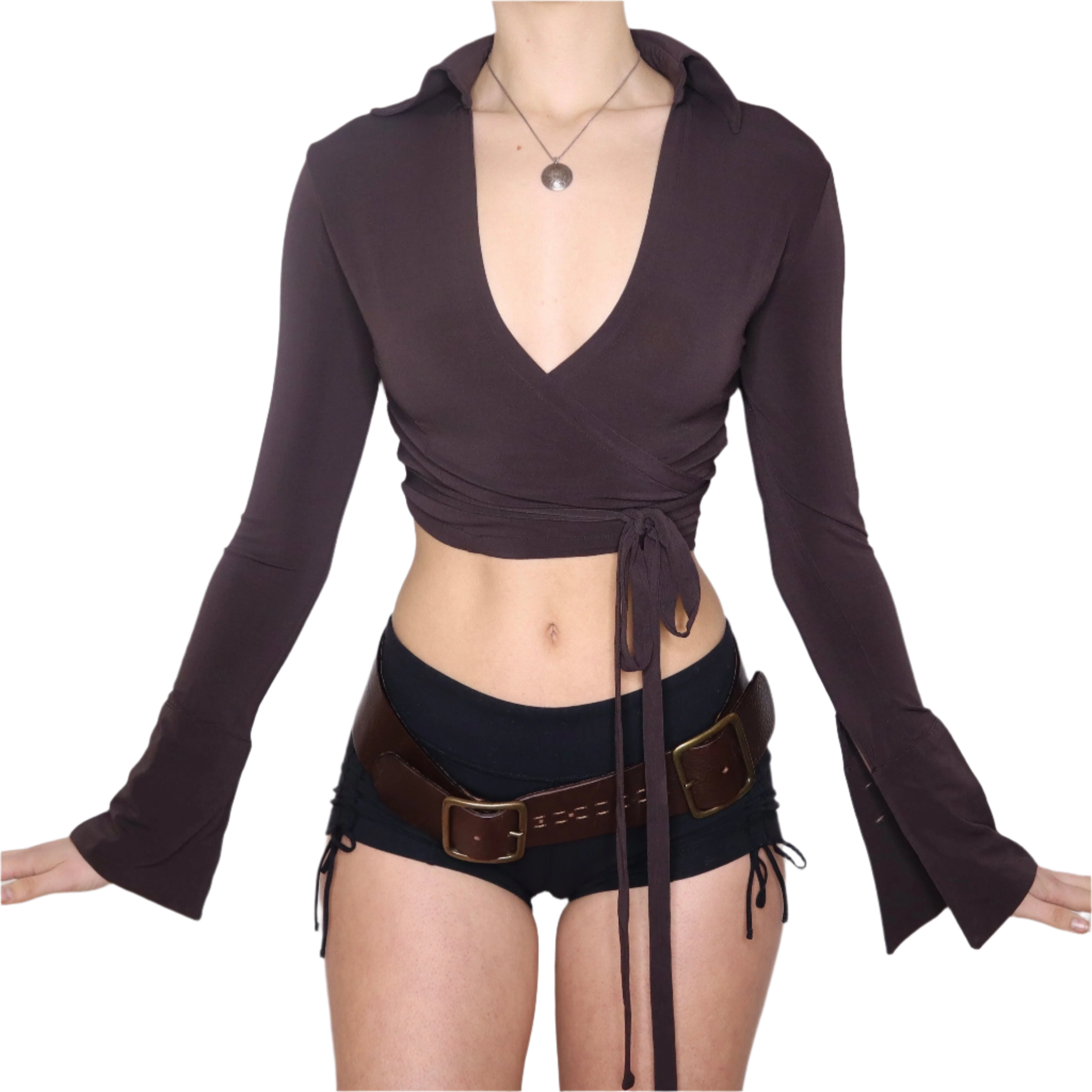 Y2K Italian Slinky Brown Wrap Top (S)