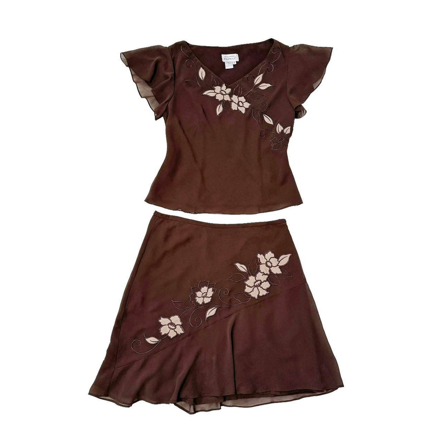 2000s Chocolate Chiffon Midi Skirt Set (L/XL)