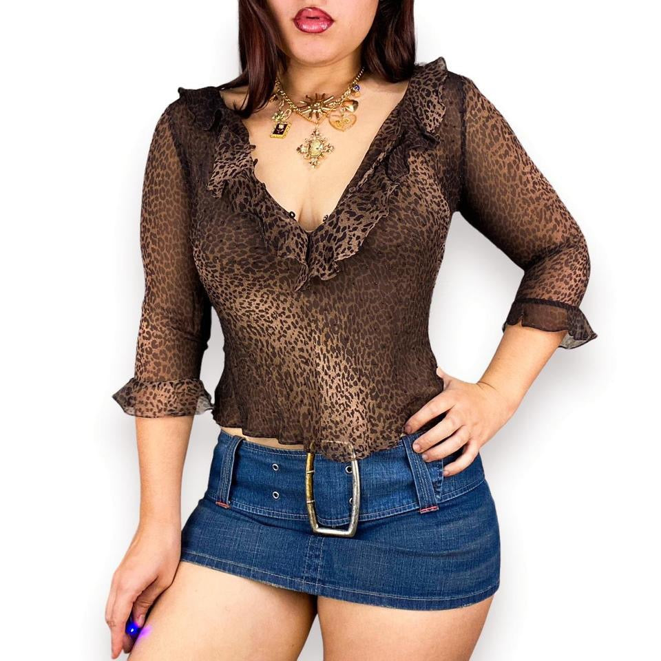 90s Silk Leopard Ruffle Blouse (M)