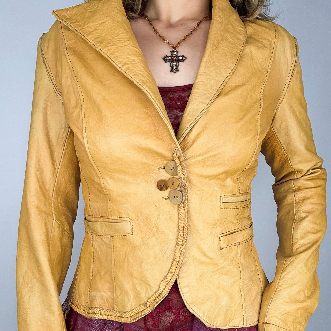 Vintage Mustard Yellow Italian Leather Button Detail Blazer (M)