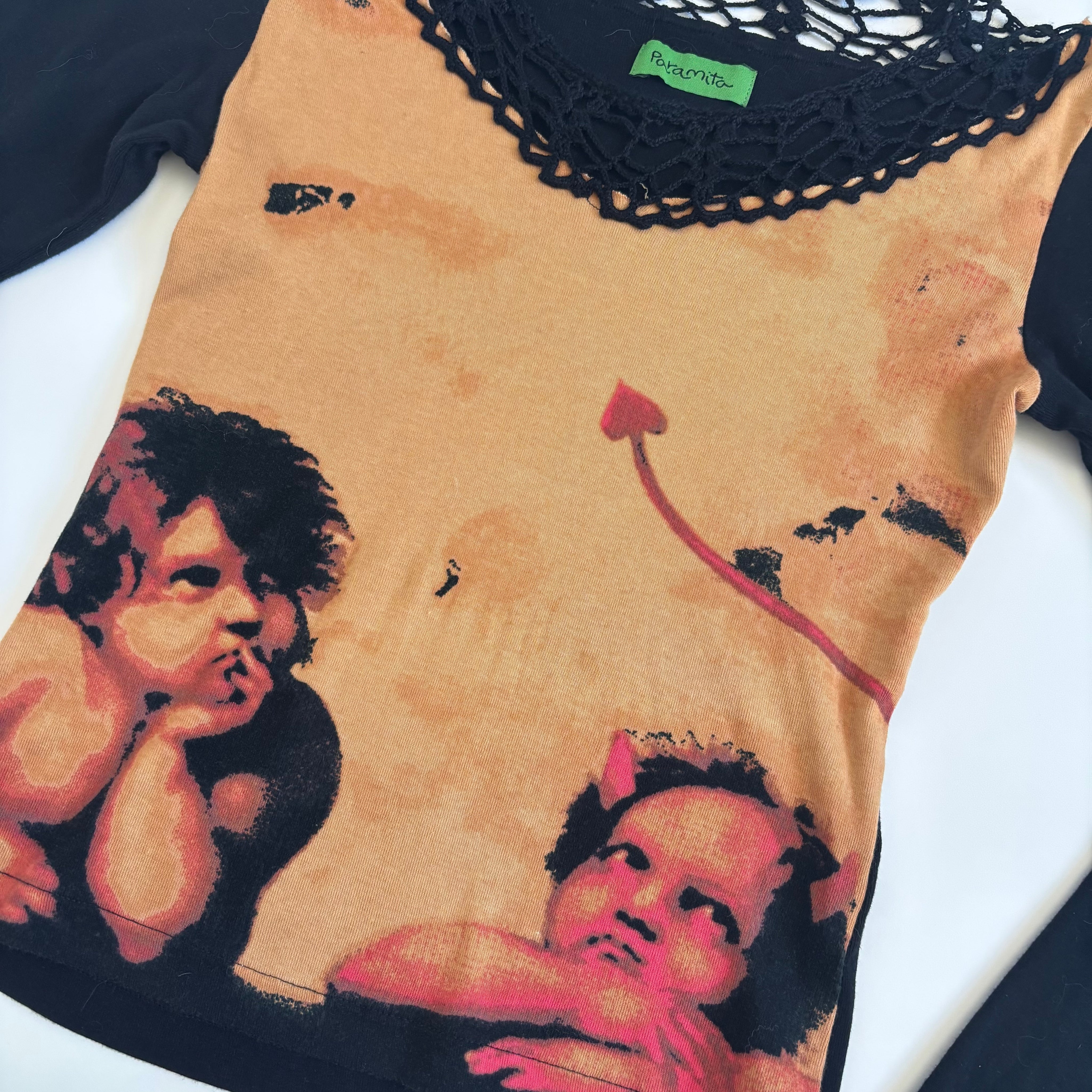 Cotton Cherub Sweater with Crochet Neckline (S)