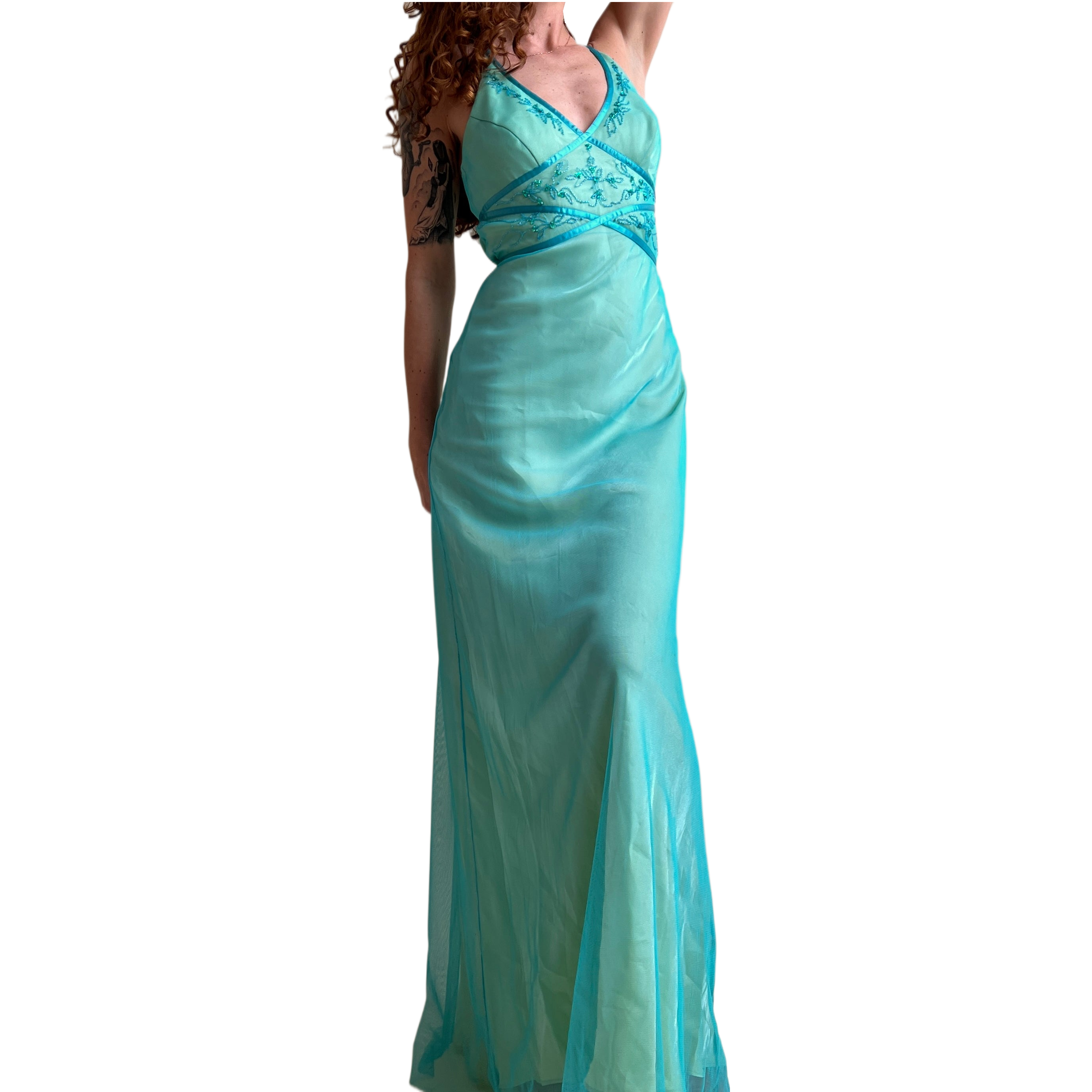 Cyan mesh beaded prom dress (L)
