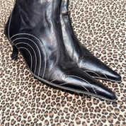 Y2K Stitched Black Leather Pointed Toe Kitten Heel Ankle Boots (7)
