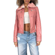 90s pink leather jacket fur trim (XS/S)