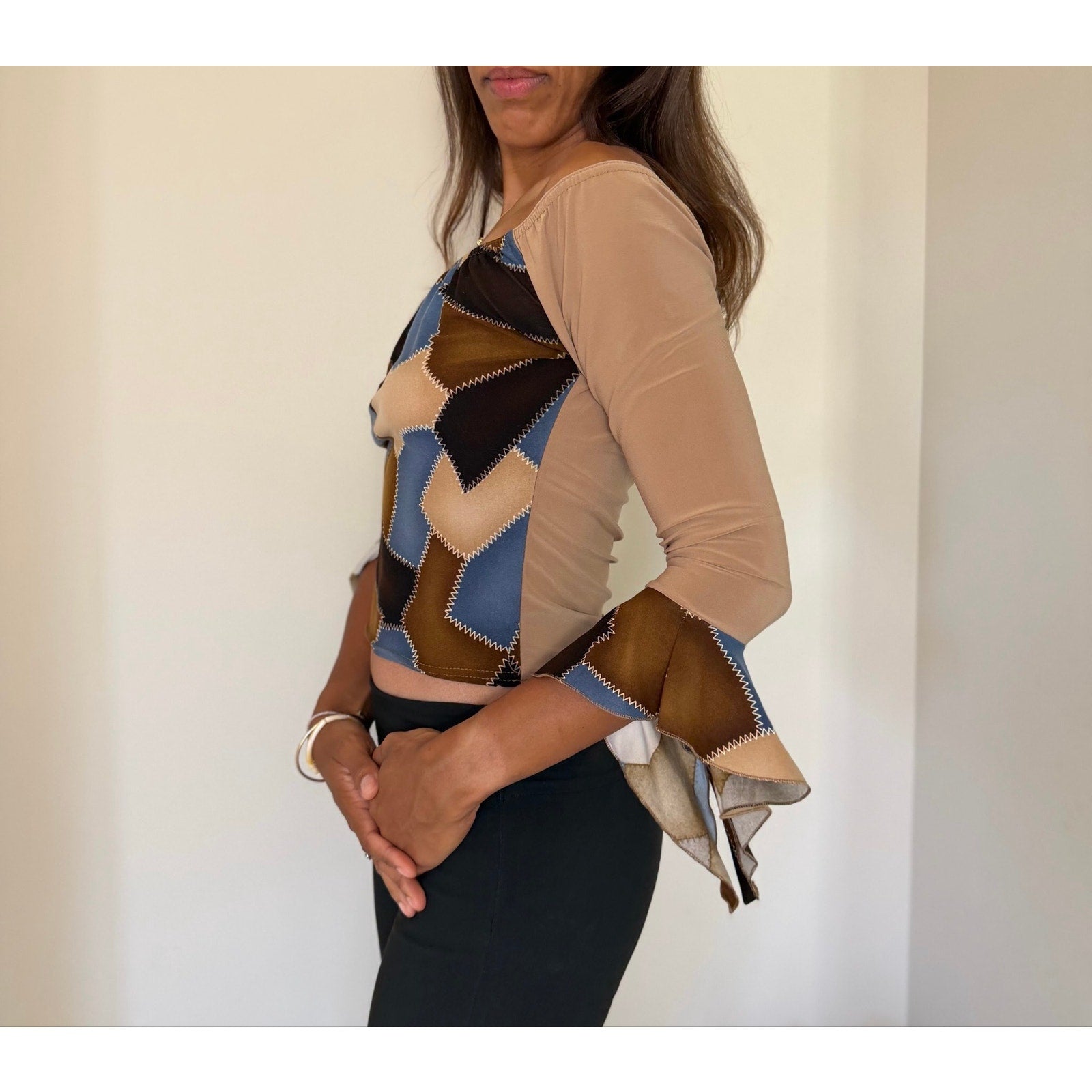 French vintage brown & blue patchwork print top with off shoulder neckline (M/L)
