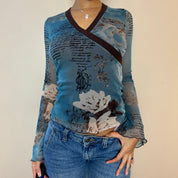 Vintage Graphic Mesh Flared Sleeves Top (S)