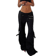 Euro Vintage Black Pinstripe Cargo Pants with Zipper & Buckle Details (M)
