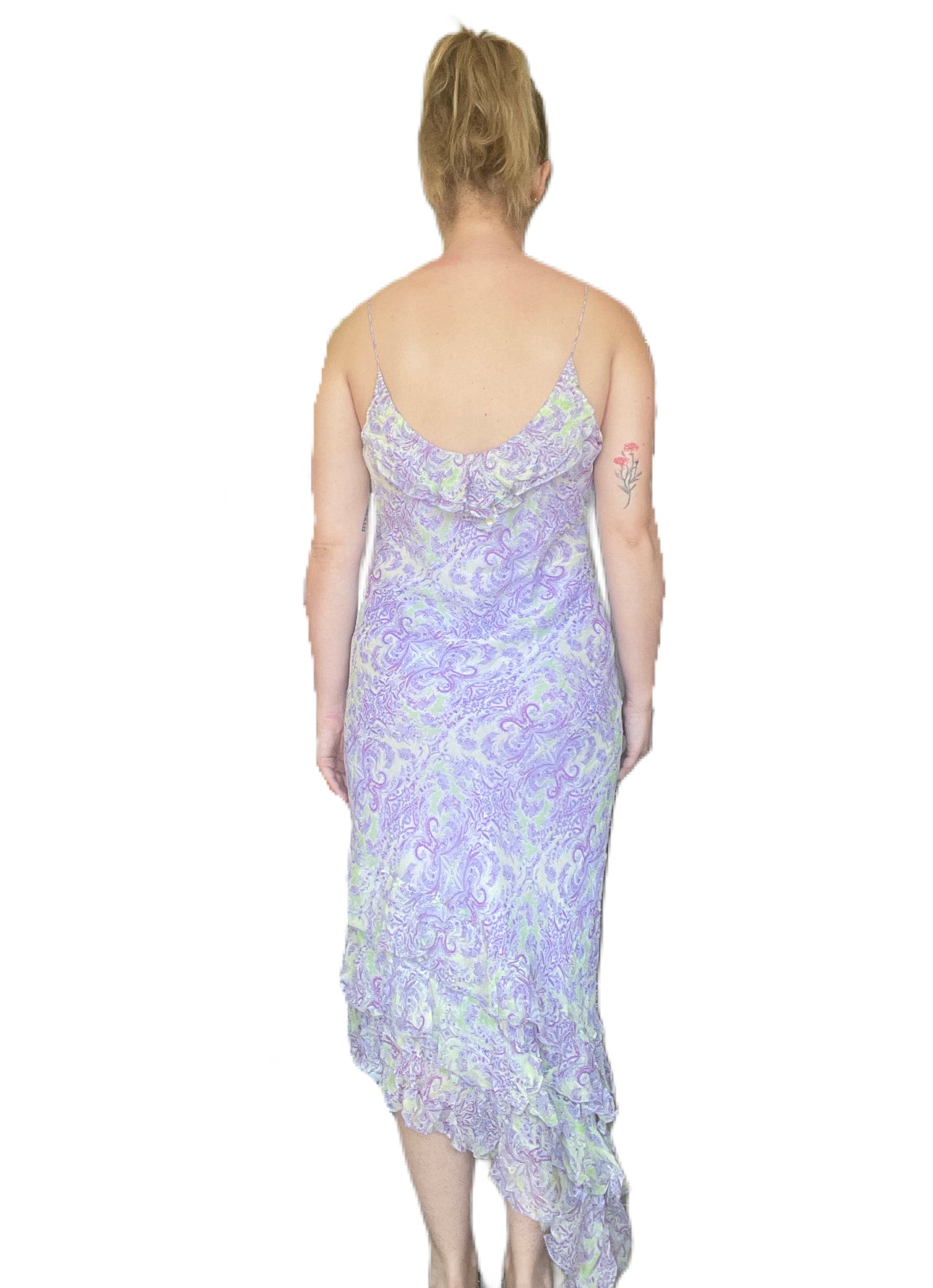 1990s Lavender & Lime Silk Chiffon Dress with Asymmetrical Ruffled Hem (M)