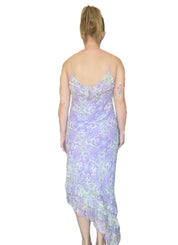 1990s Lavender & Lime Silk Chiffon Dress with Asymmetrical Ruffled Hem (M)