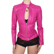 Y2K Sexy Pink Leather Moto Jacket (XS)