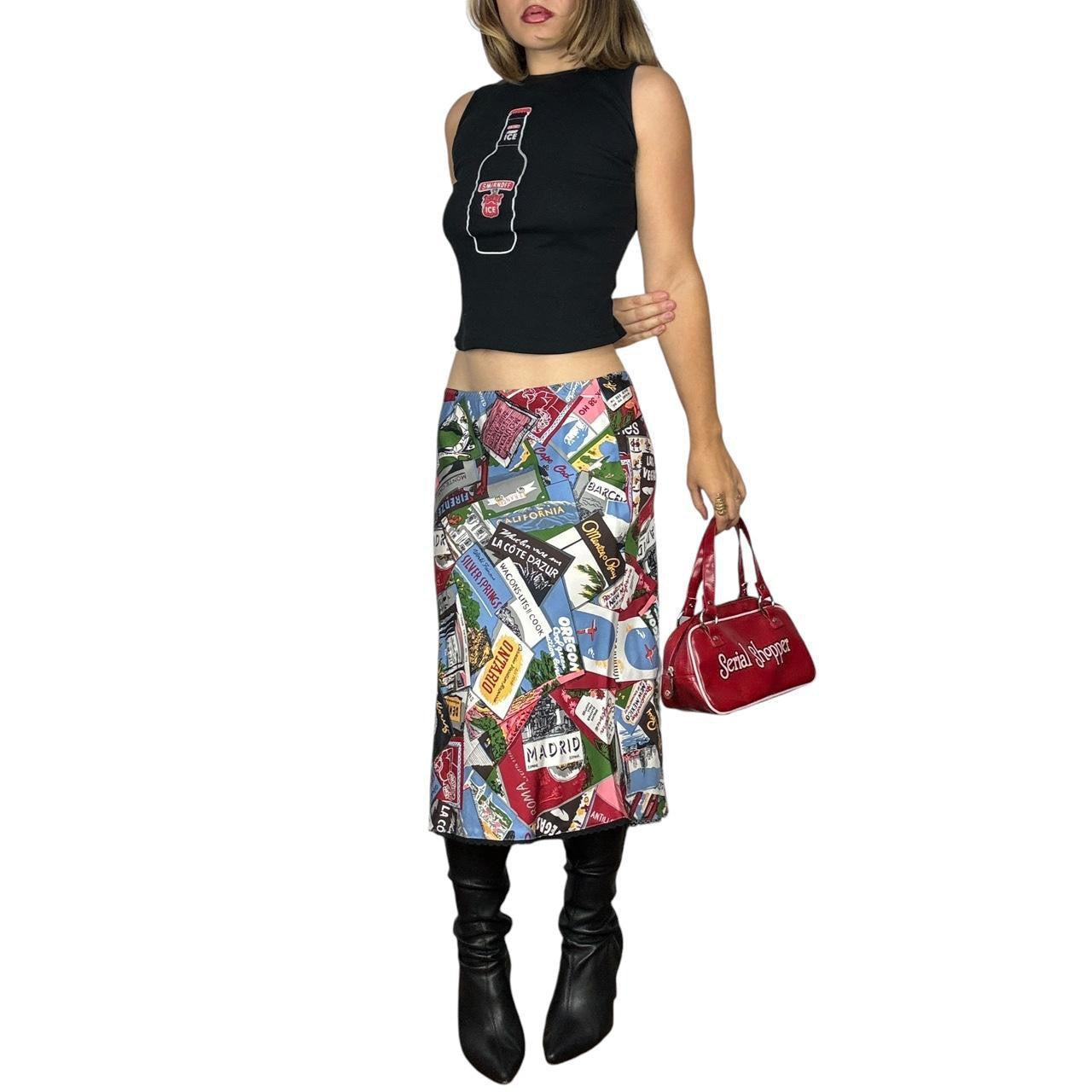 2000s Silk Postcard Print Midi Skirt (S)