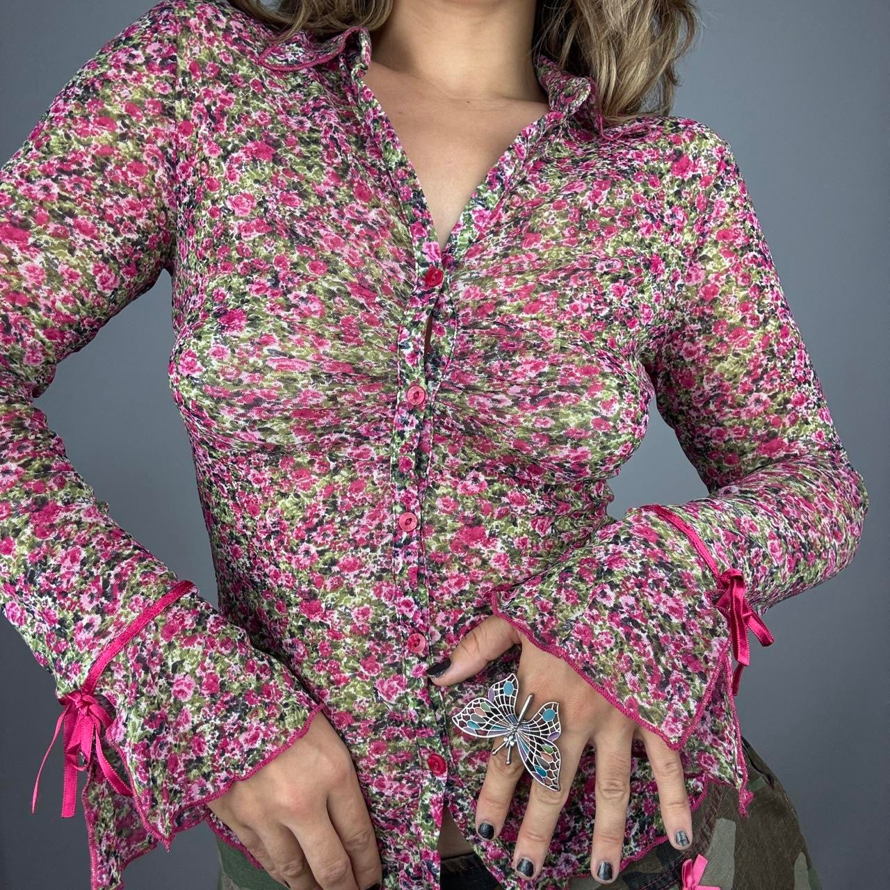 Euro Vintage Ruched Mesh Floral Blouse (S/M)