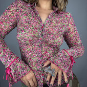 Euro Vintage Ruched Mesh Floral Blouse (S/M)