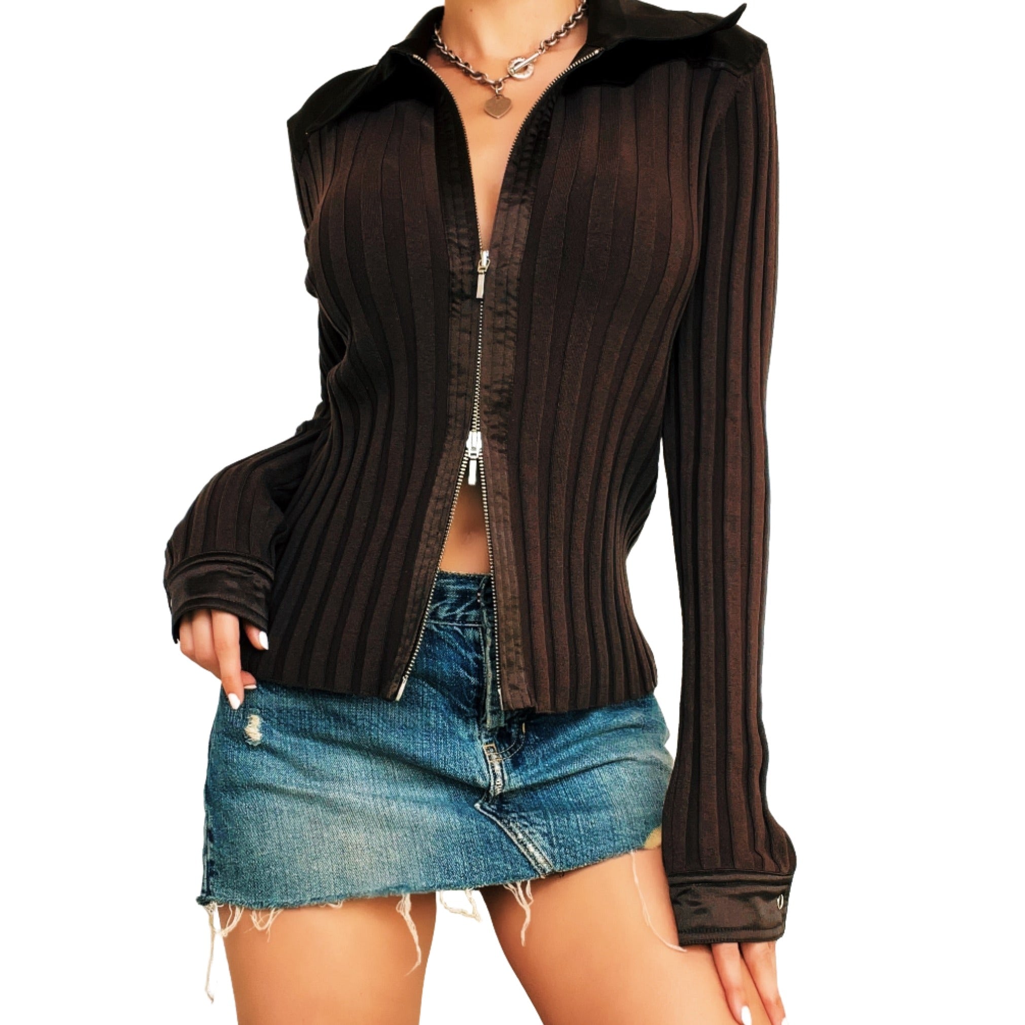 Brown Silk Knit Double Zip Top (M)