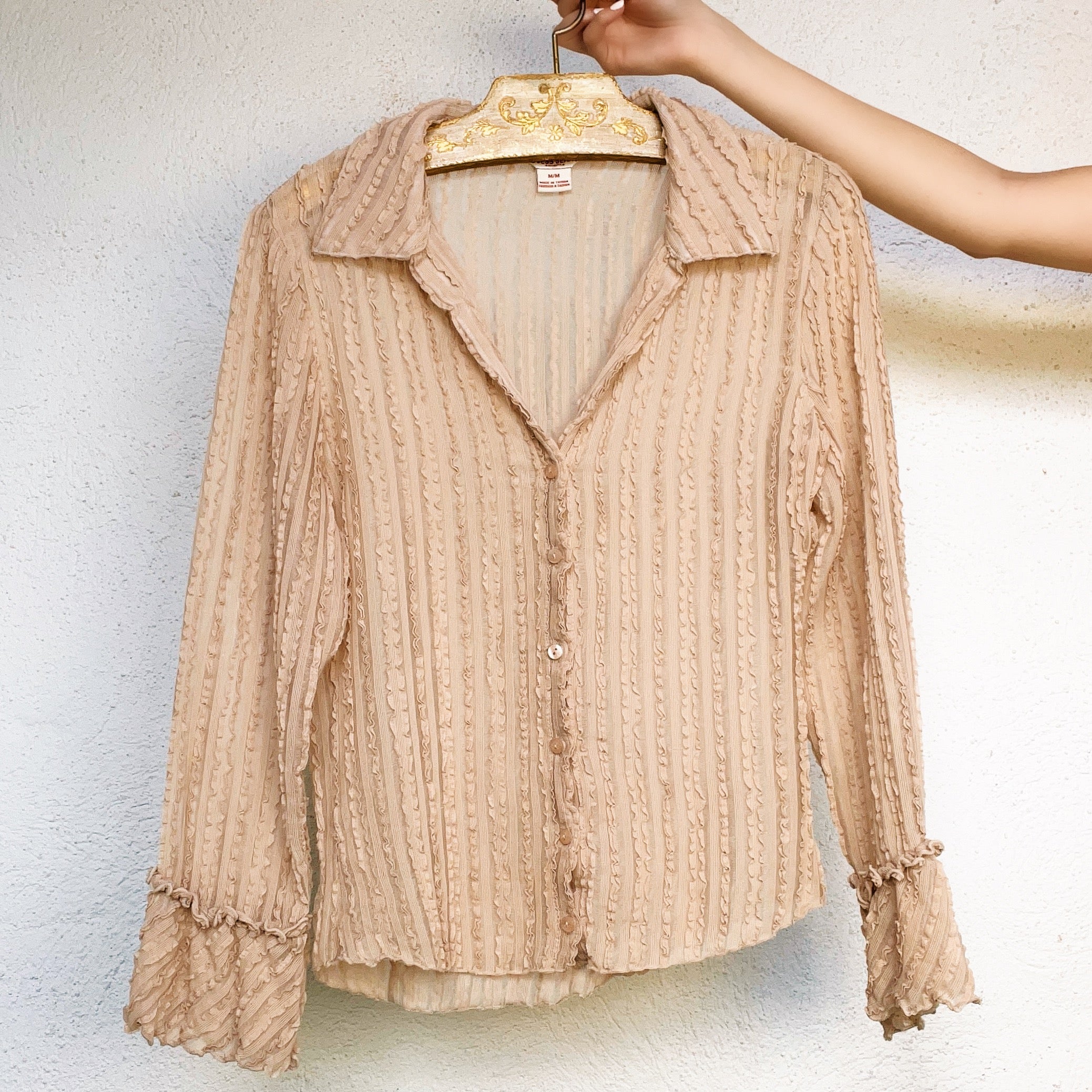 Guess Sheer Tan Frilly Blouse (M)