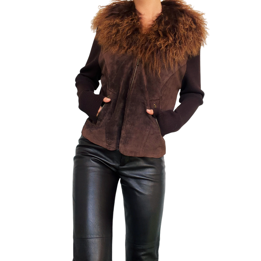 Early 2000s Mongolian Lamb Fur & Suede Leather Jacket (S/M)