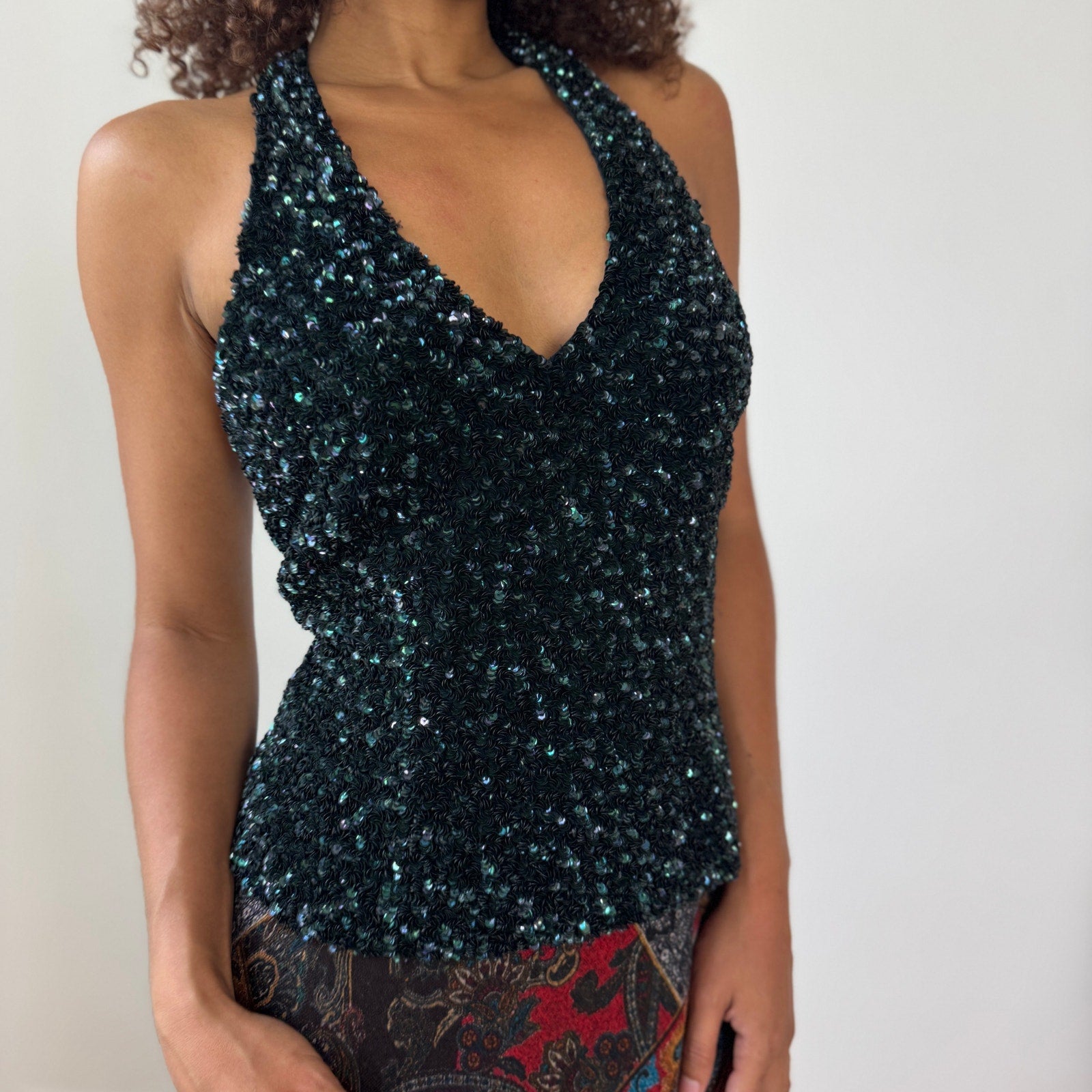 Vintage Sequin Silk Halter Top (M)