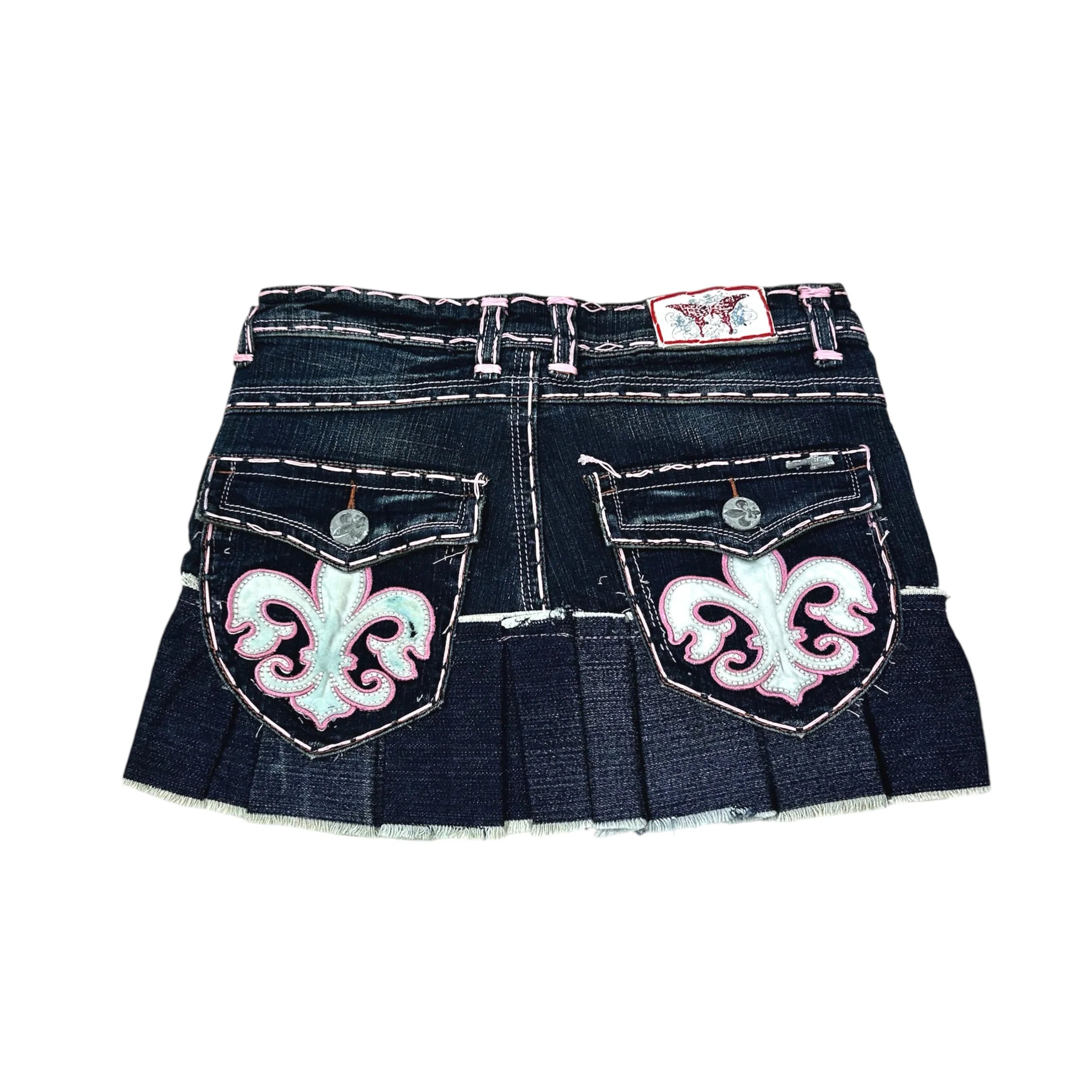 Y2K Denim Mini Skirt with Pink Motifs (XS)