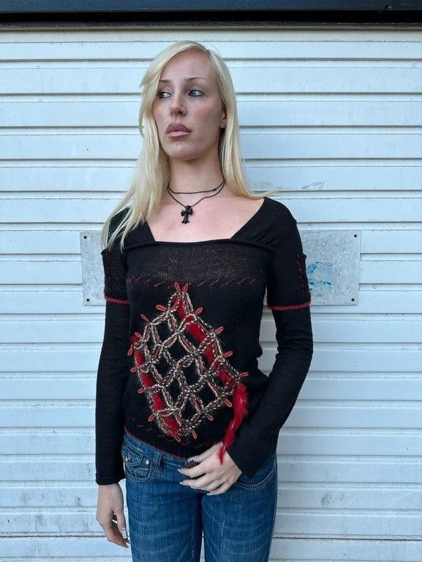 Vintage Save the Queen! Black Medieval Embroidered Knit Longsleeve (S)