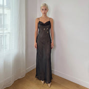 Vintage Italian Black Sheer Floral Embroidered Maxi Dress (S)
