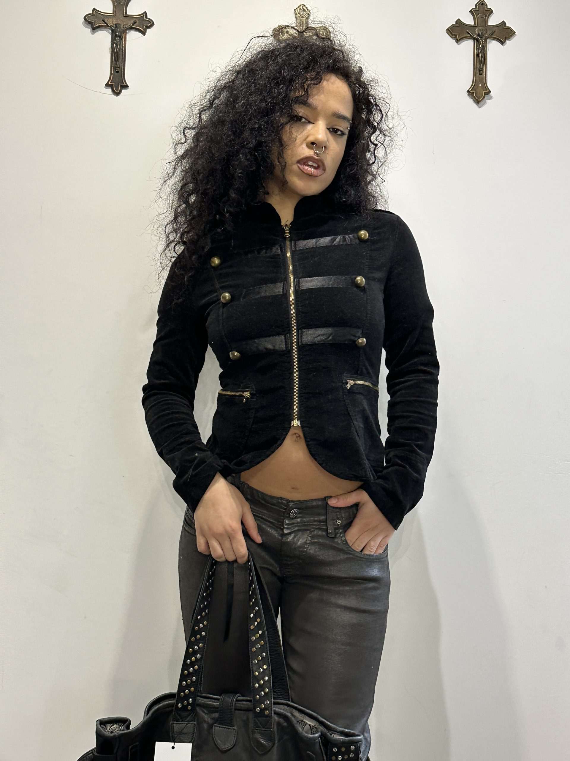 Vintage Black Cropped Military Jacket (XS/S)