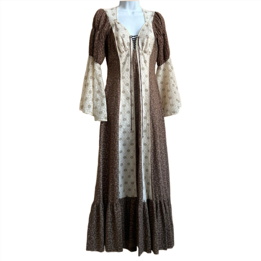 Vintage brown print prairie dress (S)