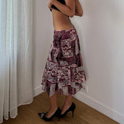 Vintage Pink Burgundy Patchwork Mesh Midi Skirt (S)