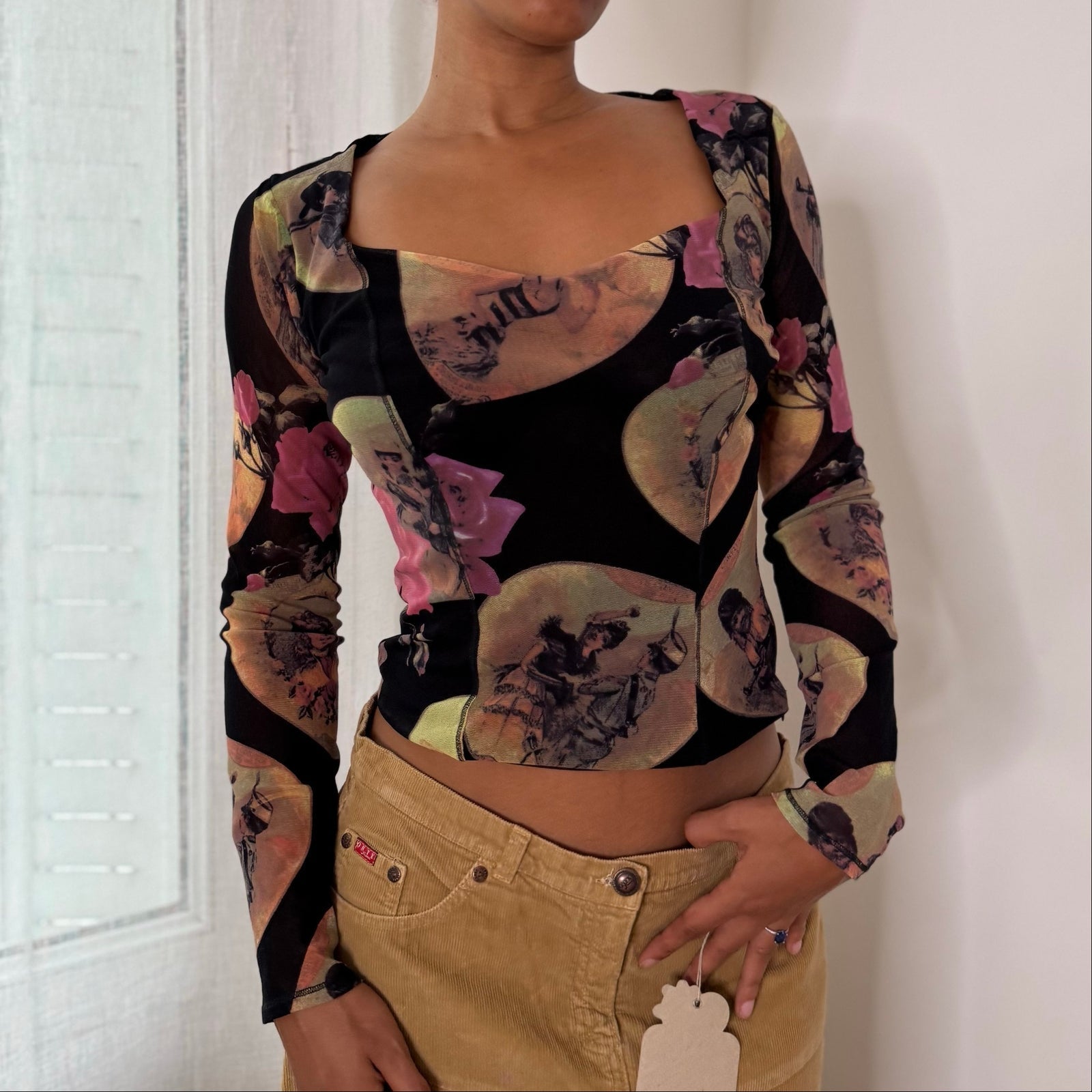 Mariella Burani Italian vintage Y2K black portrait print mesh top with Victorian medallions & pink roses
