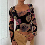 Mariella Burani Italian vintage Y2K black portrait print mesh top with Victorian medallions & pink roses