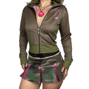 Y2K Army Green & Pink Varsity Zip Up (S)