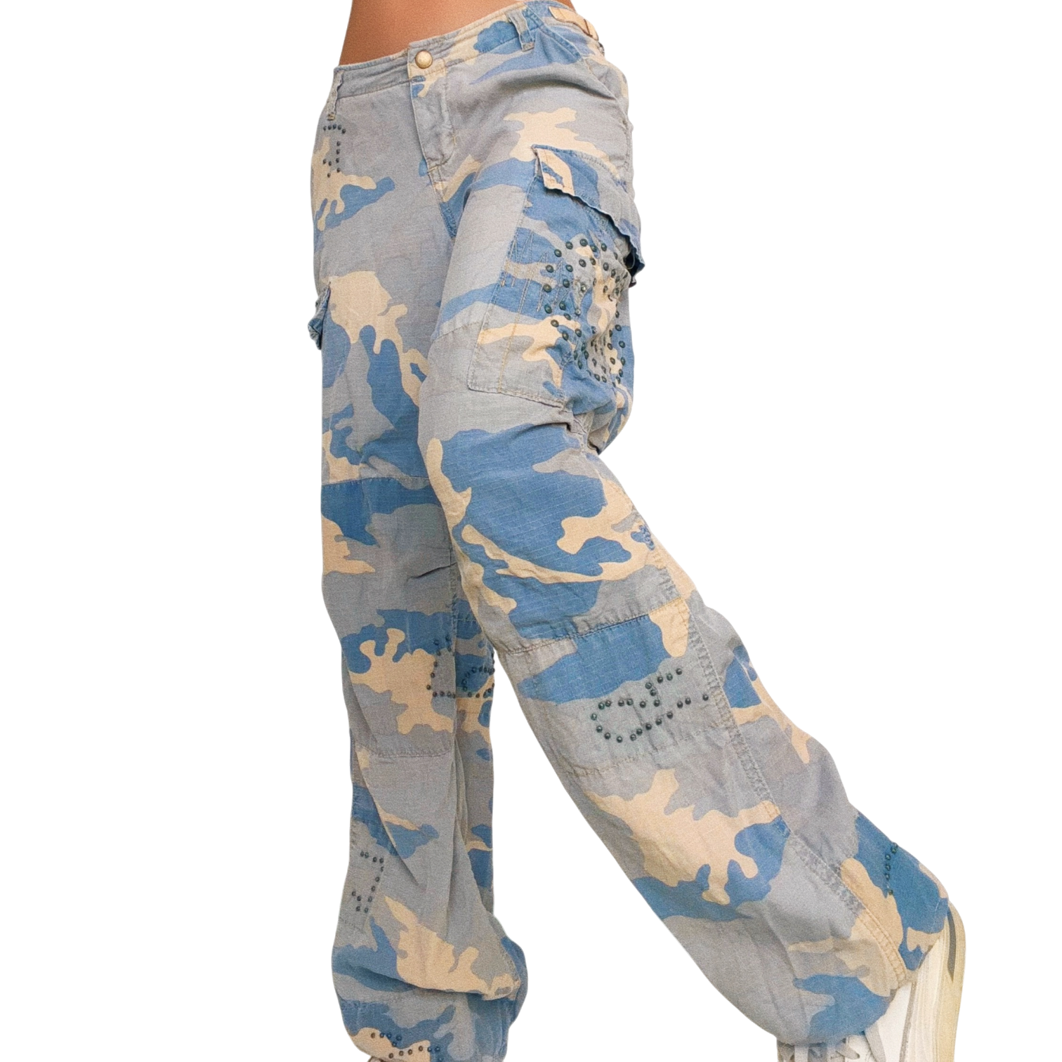 Da-Nang Silk Blend Studded Camo Cargo Pants (M)