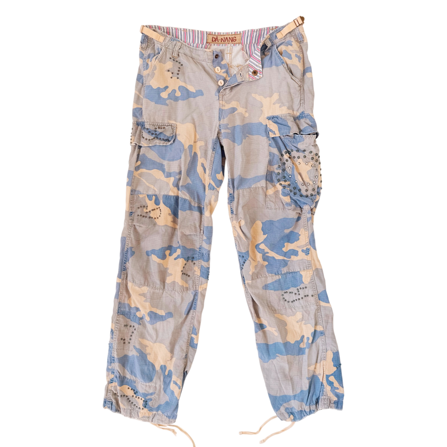 Da-Nang Silk Blend Studded Camo Cargo Pants (M)