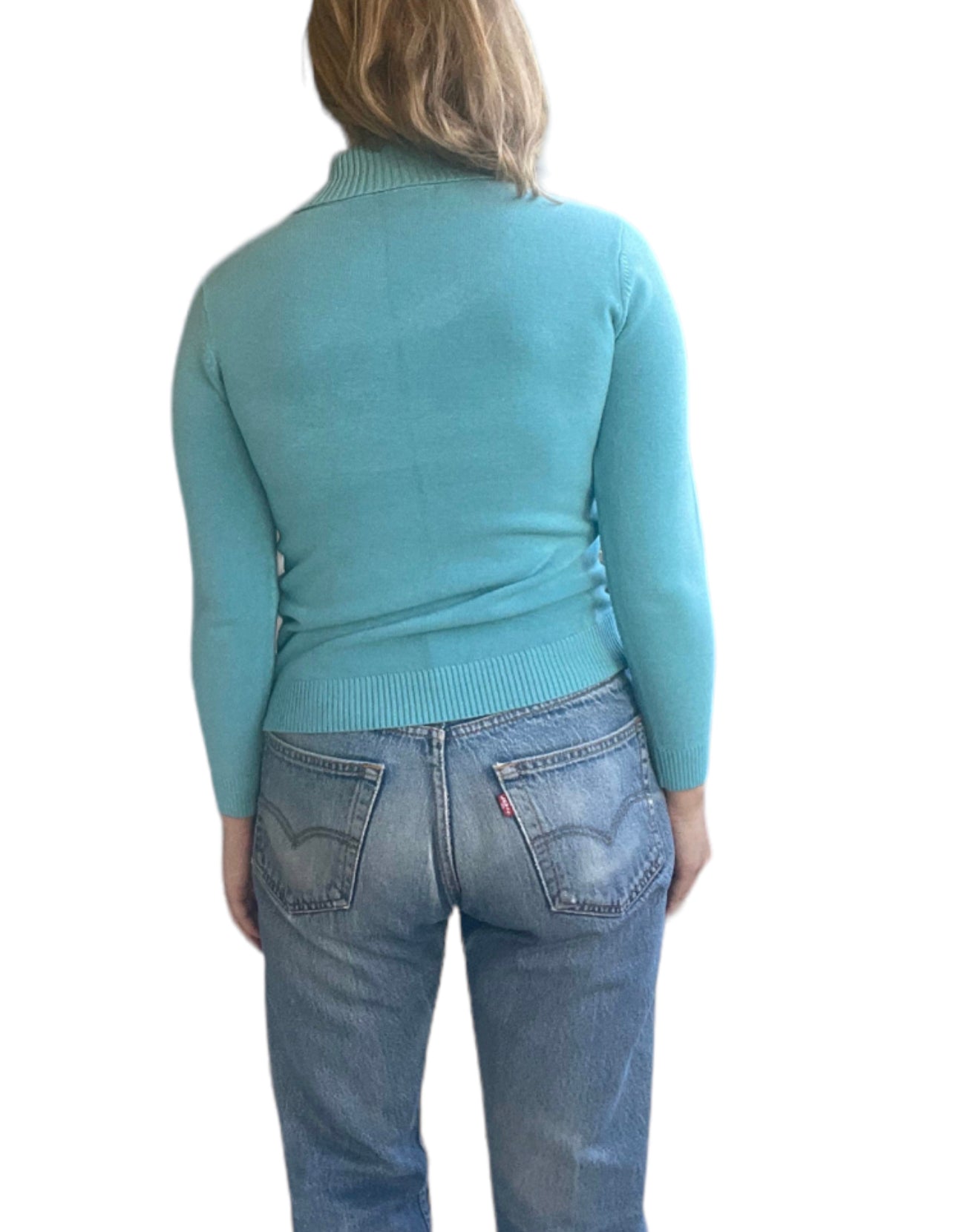 60s Blue Knit Sweater Top with 3D Crochet Flower (S/M)