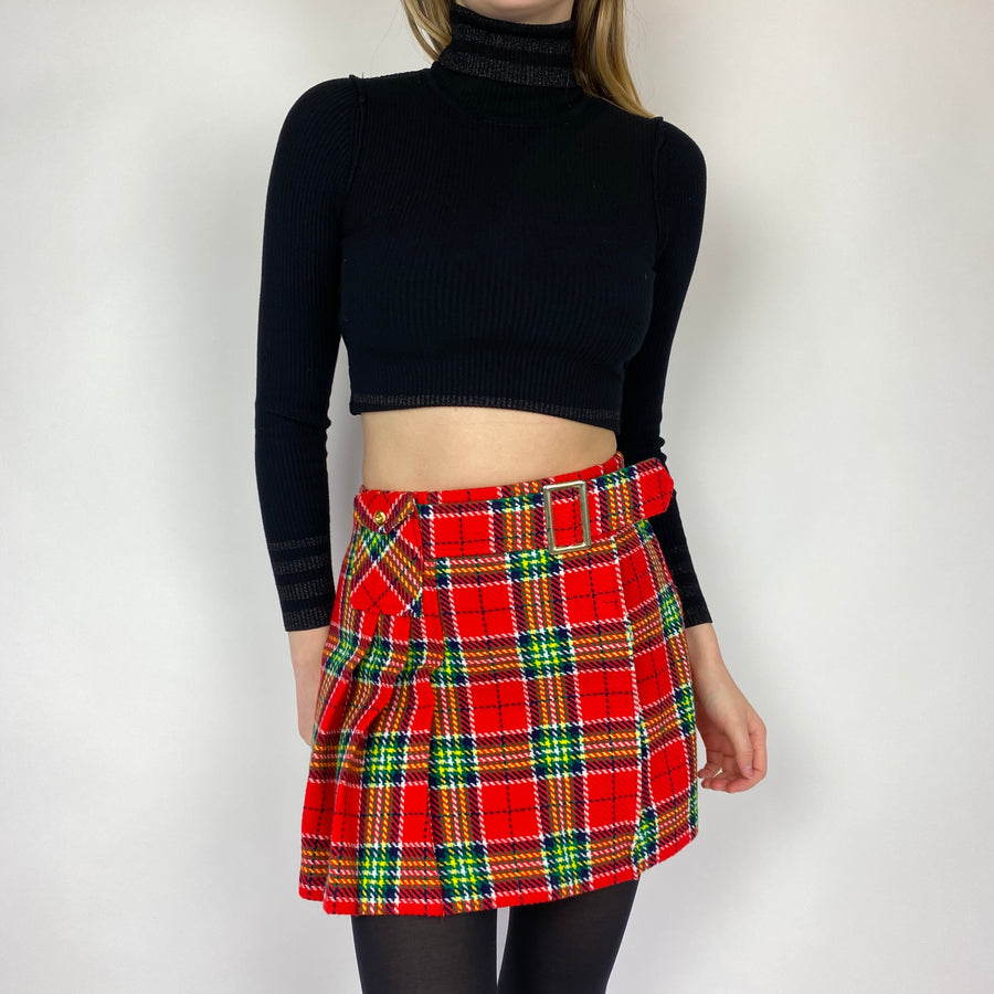 1970s Red Plaid Mini Skirt (XS)