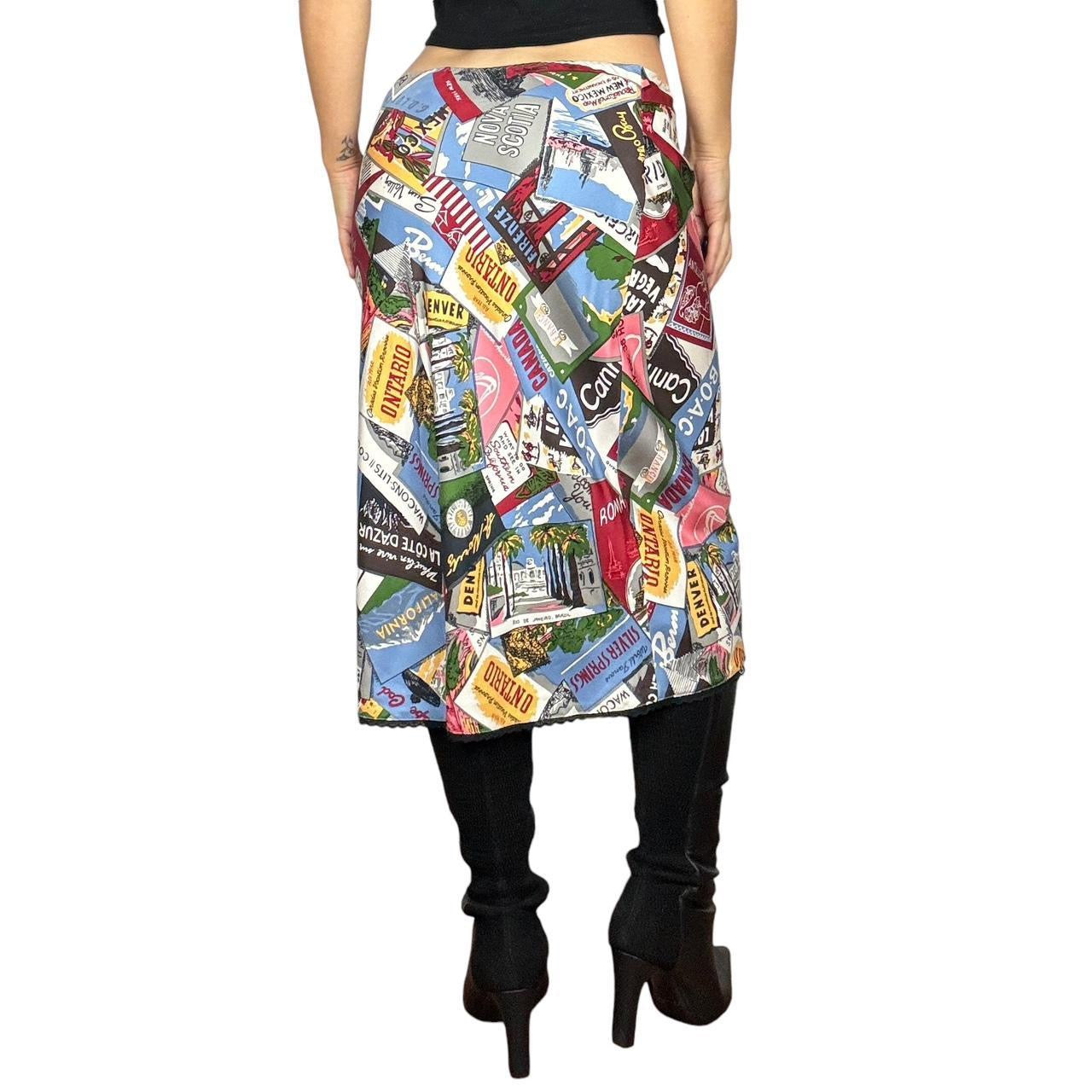2000s Silk Postcard Print Midi Skirt (S)