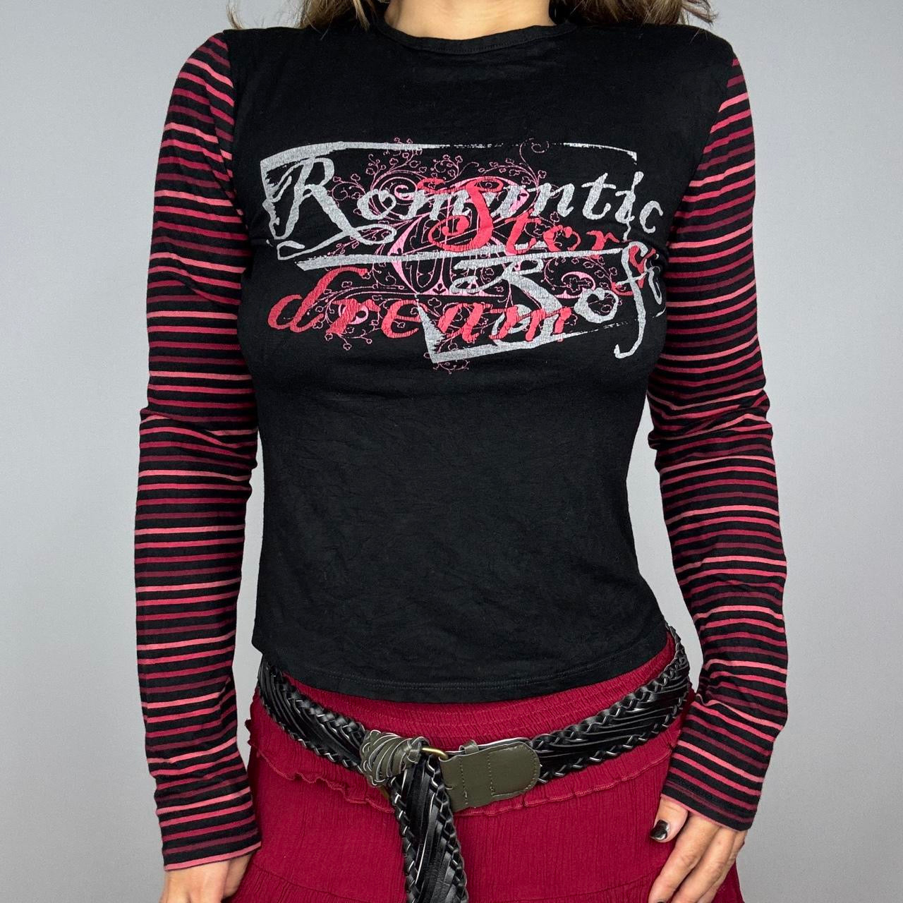 Euro Y2K “Romantic Dream” Striped Sleeve Graphic Tee (L)