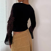 Misia Paris French vintage Y2K black illustrated portrait mesh top with brown lace print & sheer bell sleeves