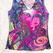 Y2K Psychedelic Art Graphic Mesh Top (M)