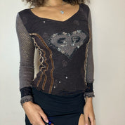 Vintage Euro Brown Graphic Mesh Long Sleeve top (XS)