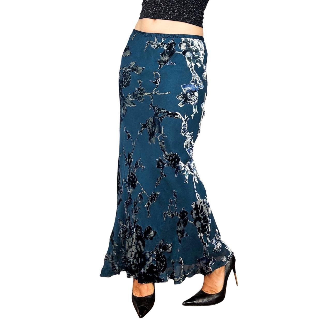 90s Teal Silk Floral Maxi Skirt (L/XL)