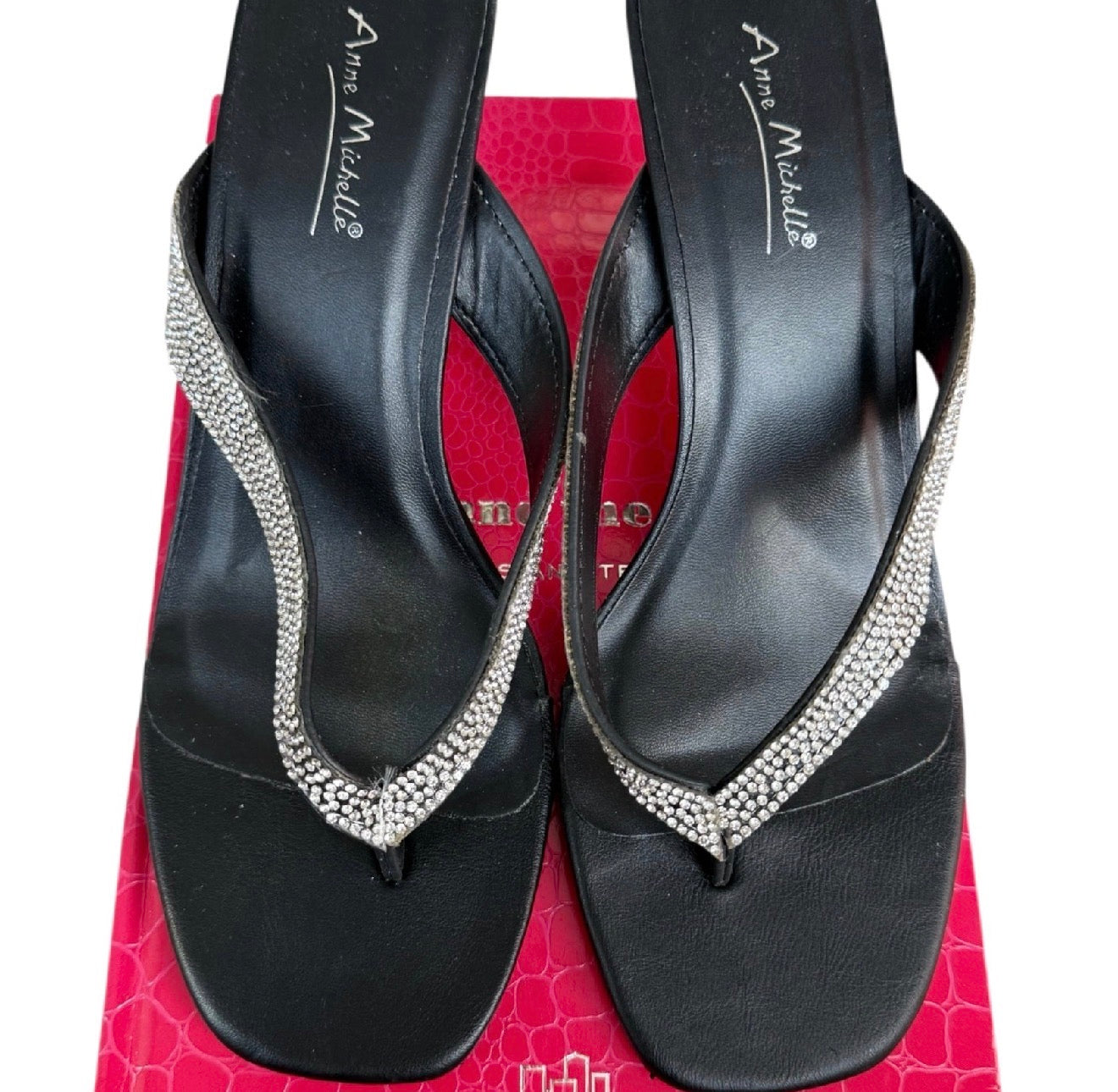 Anne Michelle Thong Kitten Heels With Rhinestones (8.5)