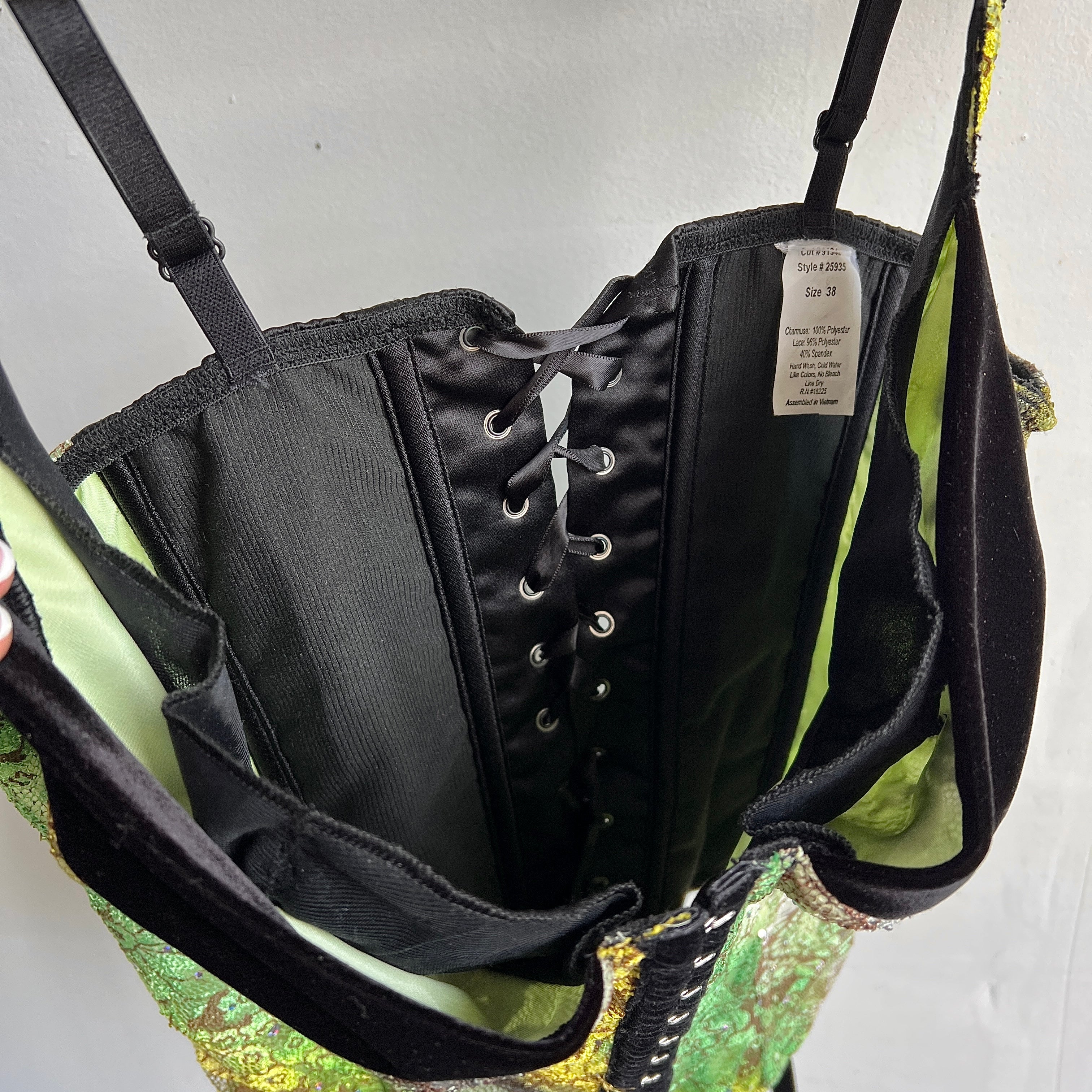 Y2K Green lace & black velvet corset - M/L